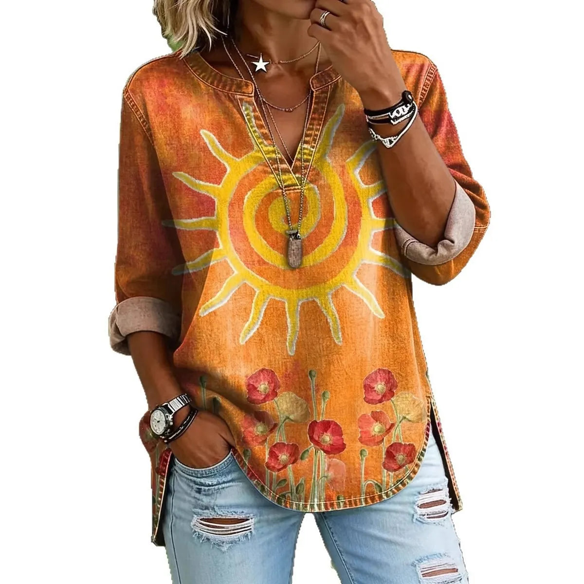 Bohemian Graphic Print Women Tunic Top Notch Collar Half Placket 3/4 Sleeve Pocket Casual Daily Blouse