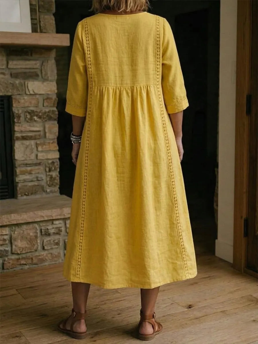 Women's Casual Loose-fitting Patchwork Lace Trim Linen And Cotton Dress