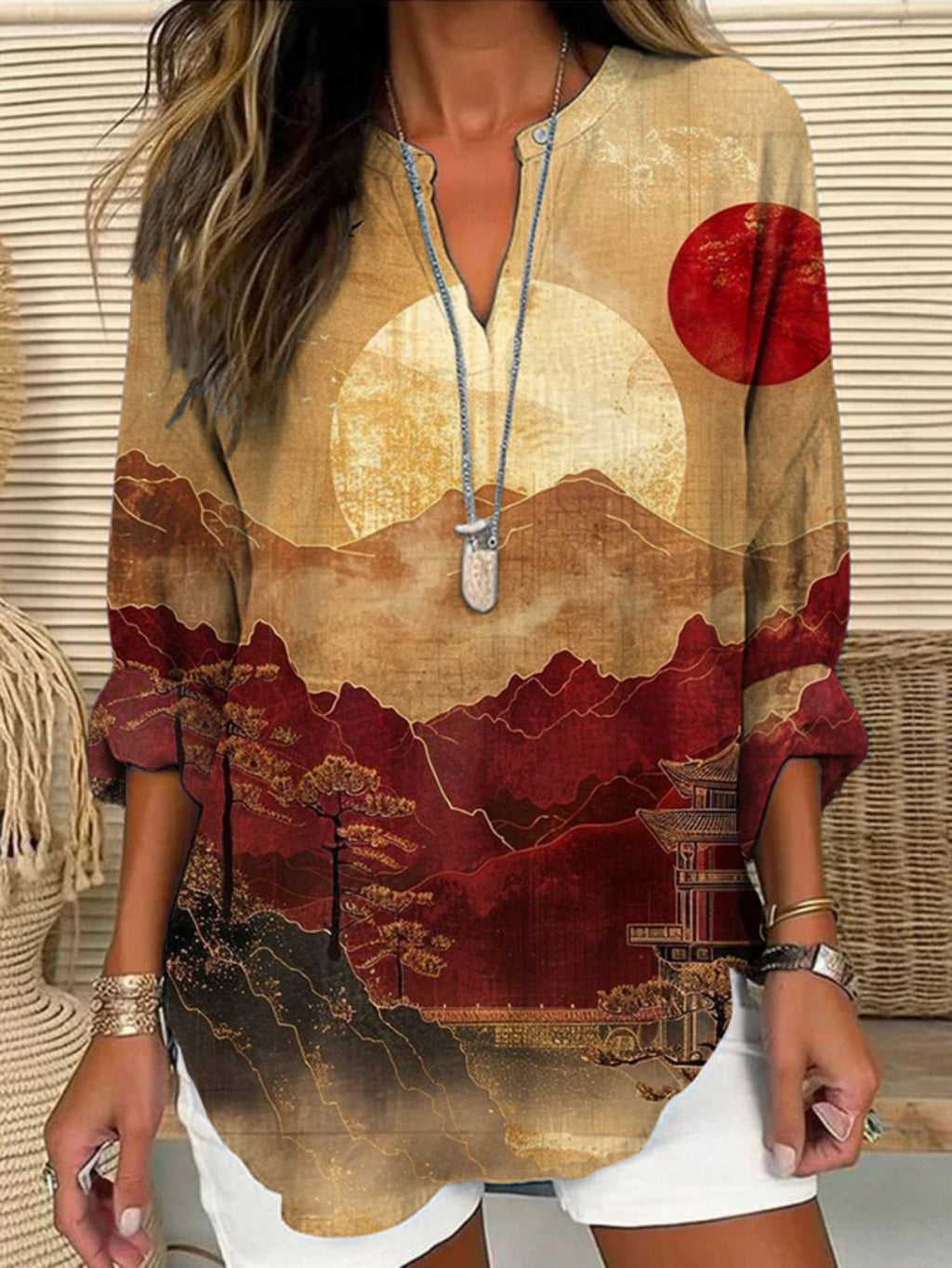 Split V-Neck 3/4 Sleeve Loose Fit Casual Top