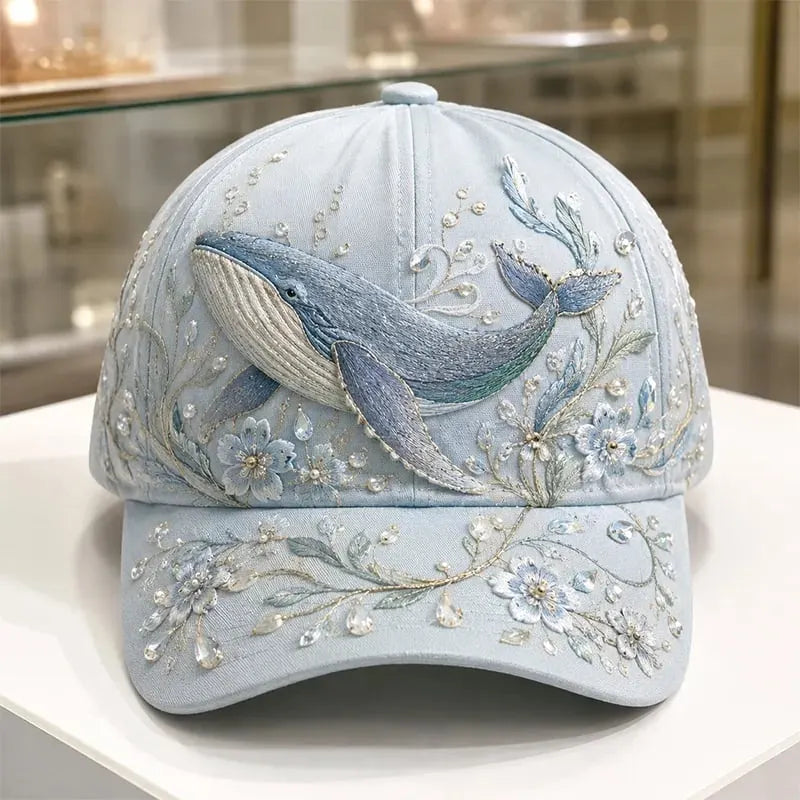 🌊 3D Ocean Creatures Embroidery Cap | Pearl & Crystal Adjustable Hat for Beach, Travel & Everyday Wear