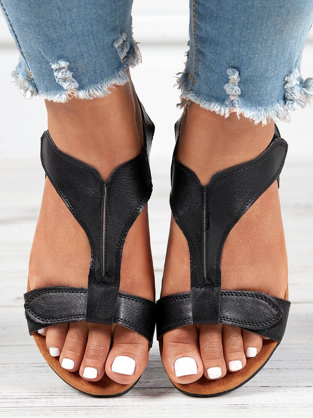 Women's Adjustable Leather Retro Solid Color Casual Portable Sandals