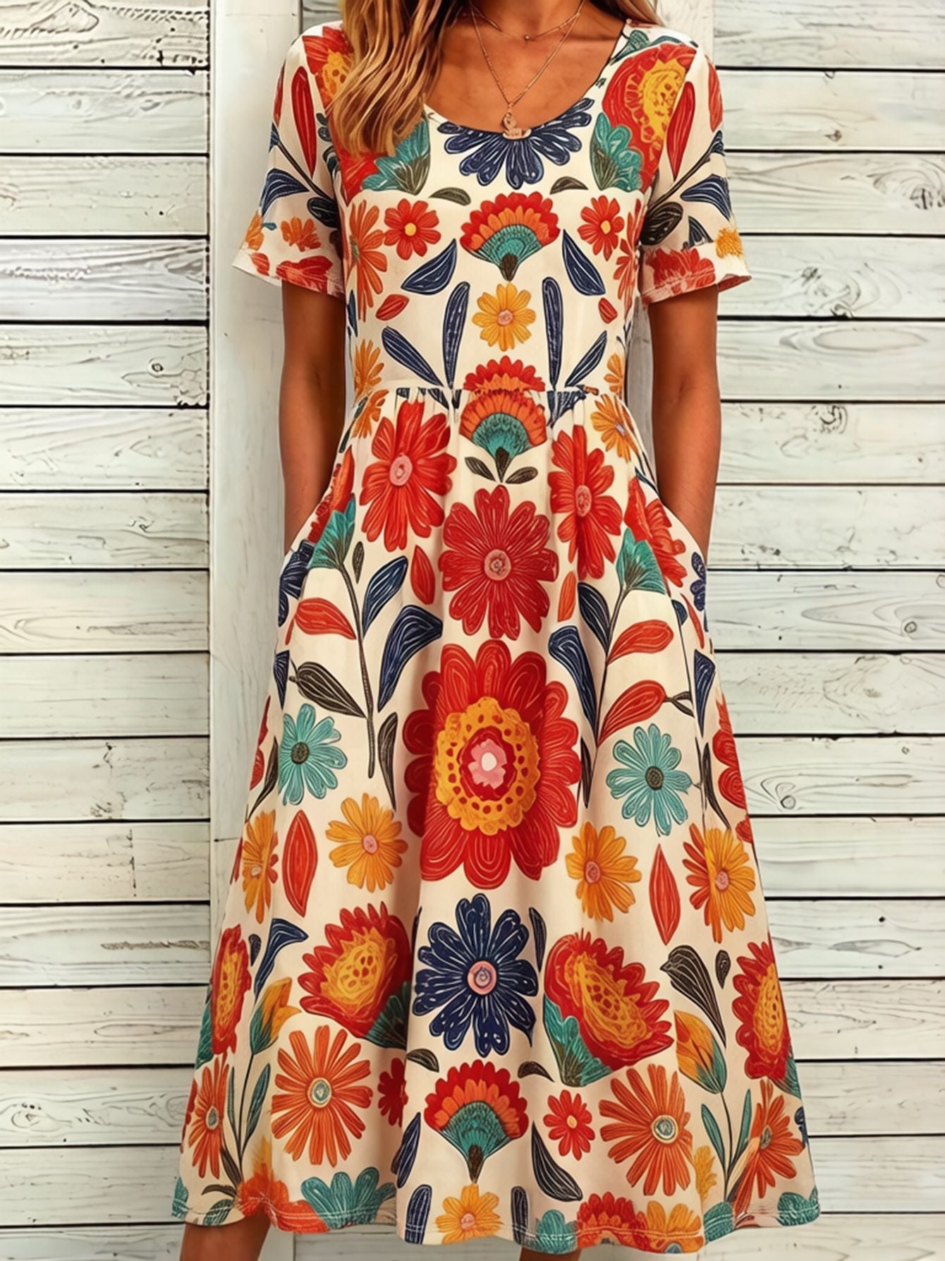 Women's round neck short sleeve bohemian print dress