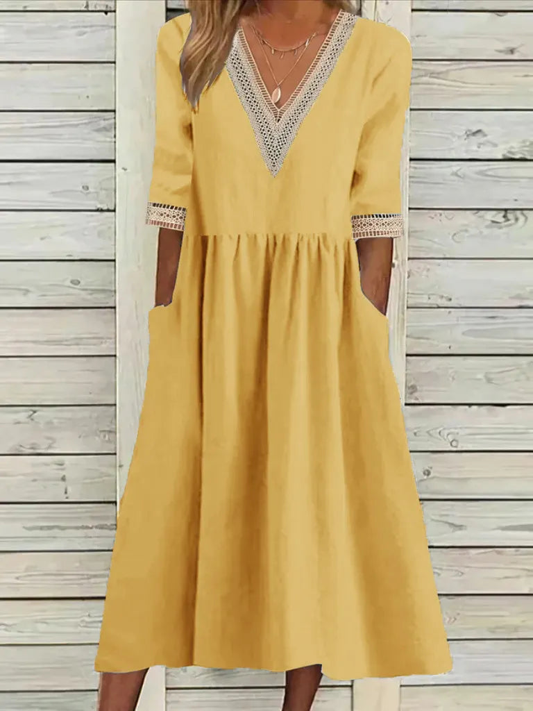 Women's V-Neck Lace Trim Midi Dress