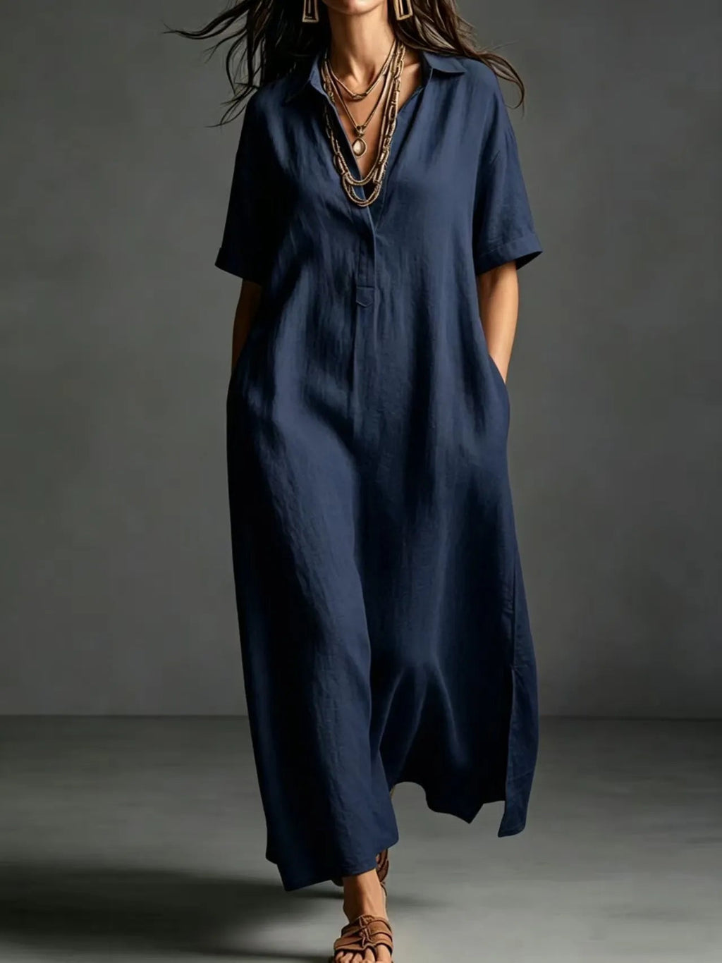 Minimalist Textured Cotton Linen Shirt Dress Ladies Half Button V Neck Pocket Summer Vacation Maxi Gown