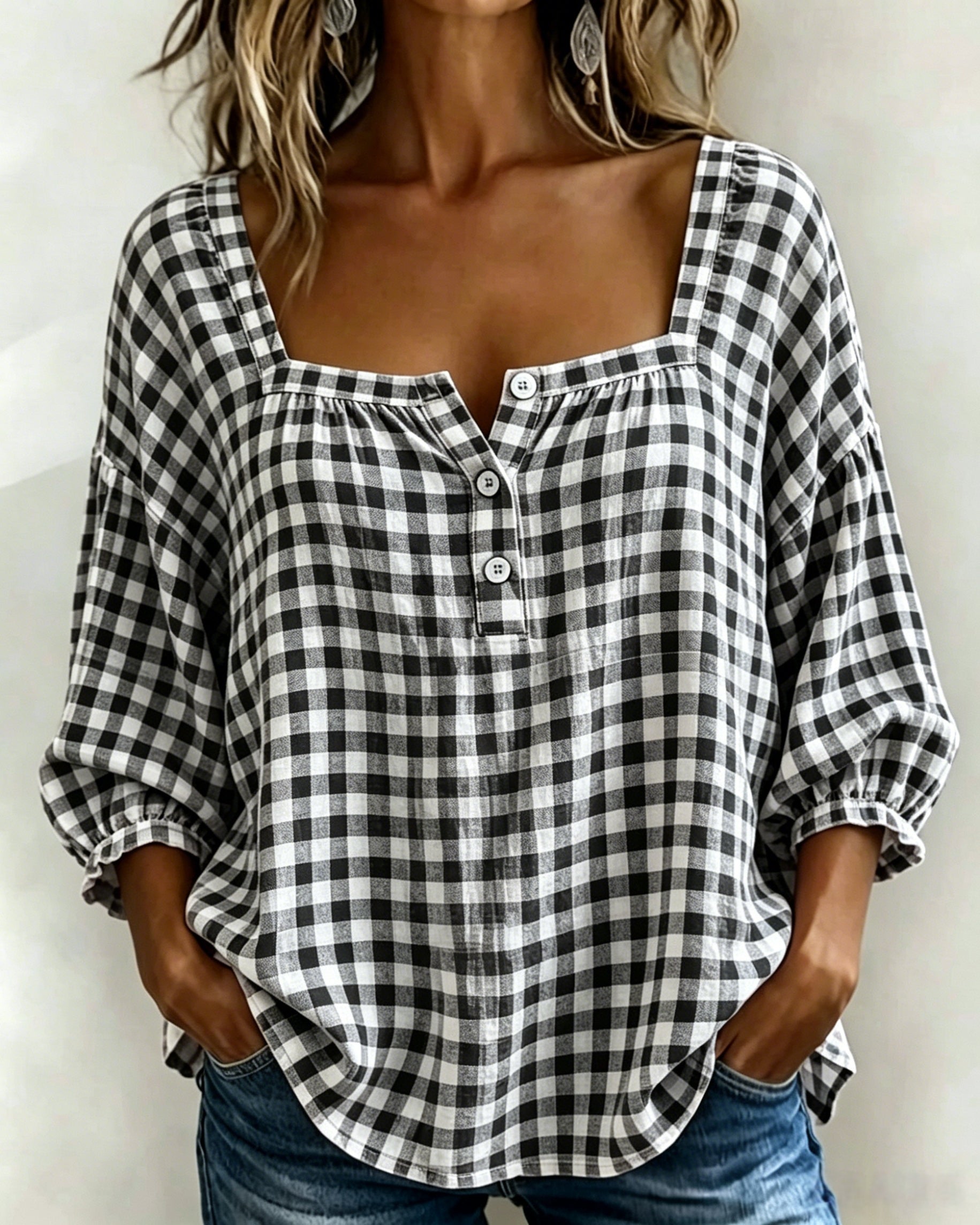 🌸Today 49% OFF🌸Women’s Cotton Linen Gingham Square-Neck Short-Sleeve Top