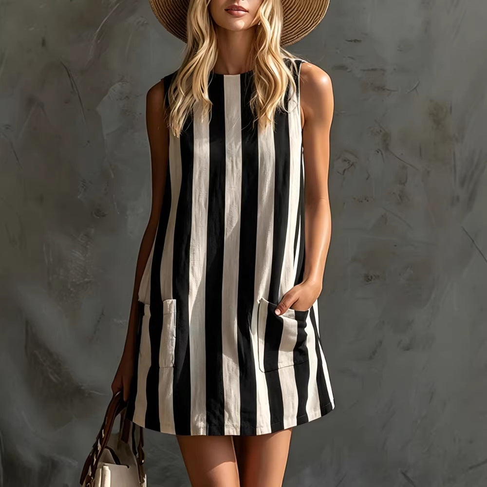 Summer Resort Women Vertical Stripe Loose Mini Dress