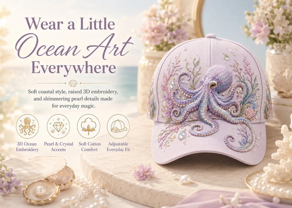 🌊 3D Ocean Creatures Embroidery Cap | Pearl & Crystal Adjustable Hat for Beach, Travel & Everyday Wear