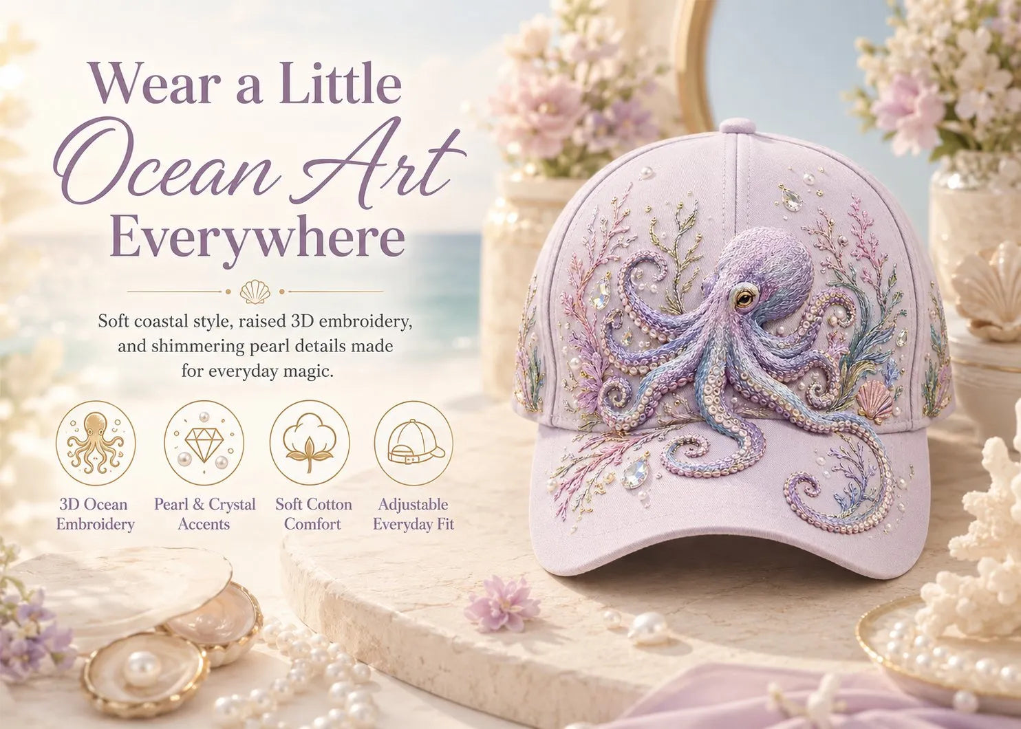 🌊 3D Ocean Creatures Embroidery Cap | Pearl & Crystal Adjustable Hat for Beach, Travel & Everyday Wear