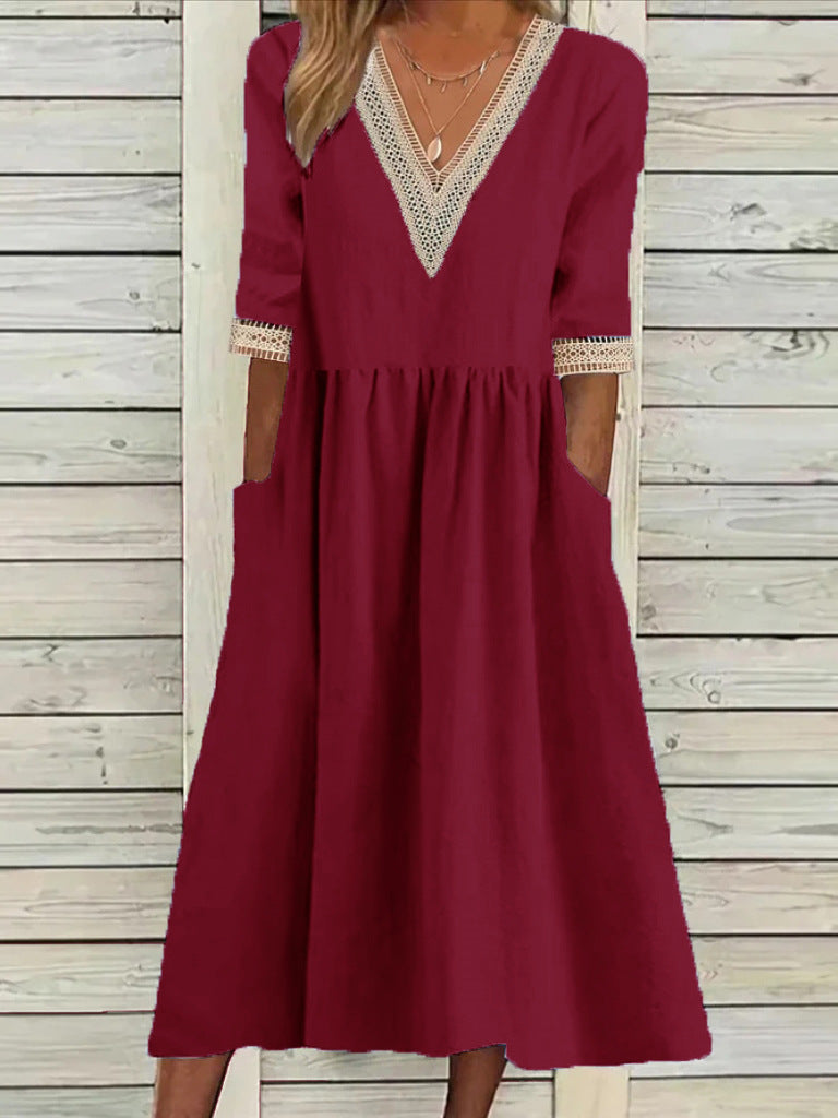 Women's V-Neck Lace Trim Midi Dress
