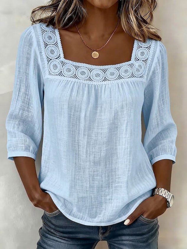 Linen Blend Square Neck Loose Elegant Blouse