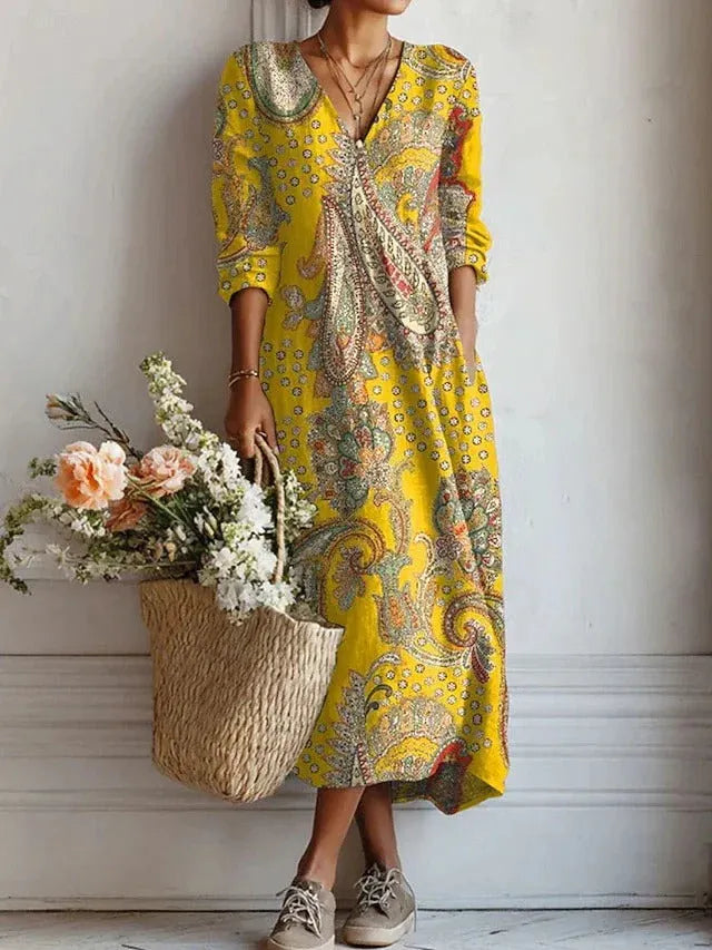 Women's Boho Floral Print Linen Maxi Dress