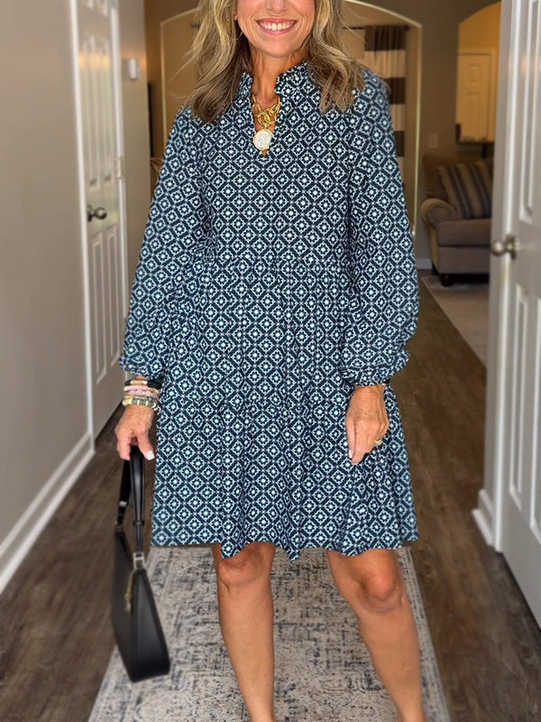 Women's V Neck Vintage Printed Dress