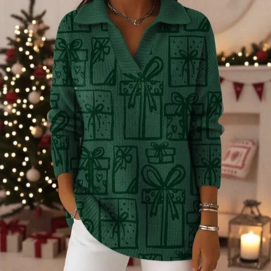 V‑Neck Polo Style Rib Knit Long Sleeve Sweater For Women