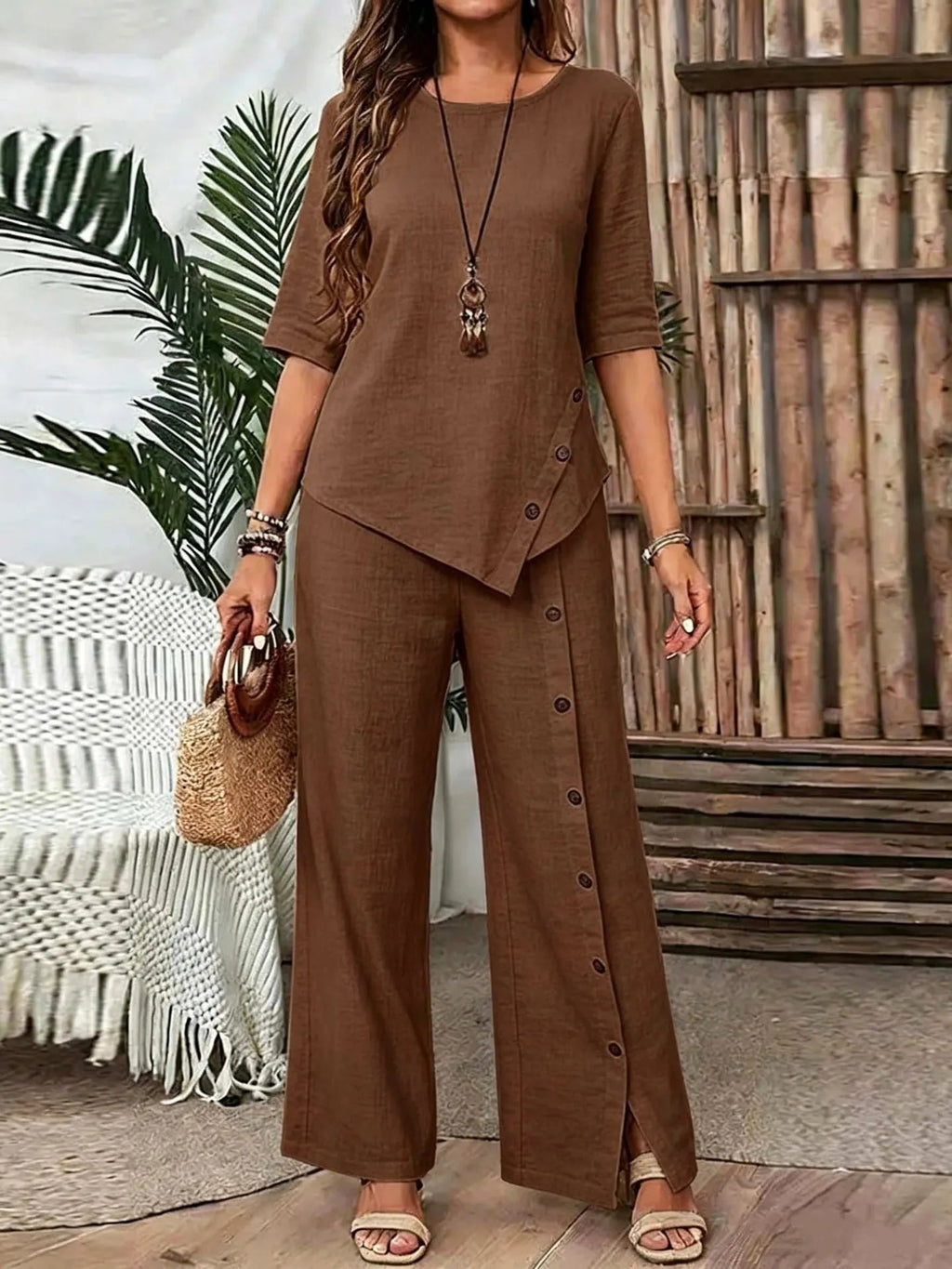 Women Irregular Hem Button Detail Top & Side Slit Wide Leg Pants 2 Piece Linen Look Set