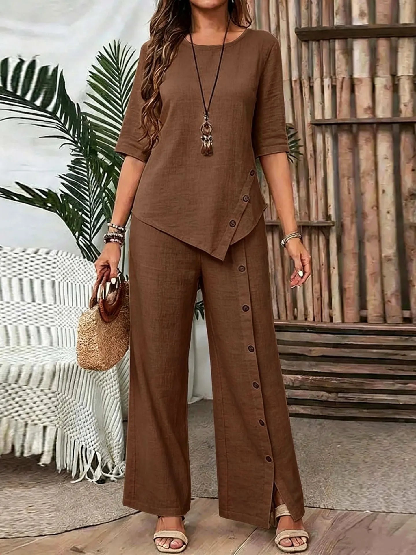 Women Irregular Hem Button Detail Top & Side Slit Wide Leg Pants 2 Piece Linen Look Set