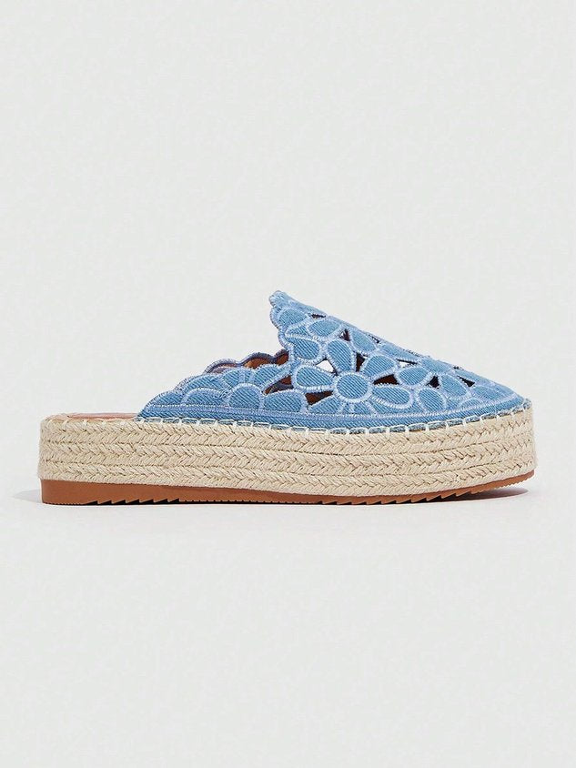 Summer Hollow Out Floral Embroidered Platform Mules