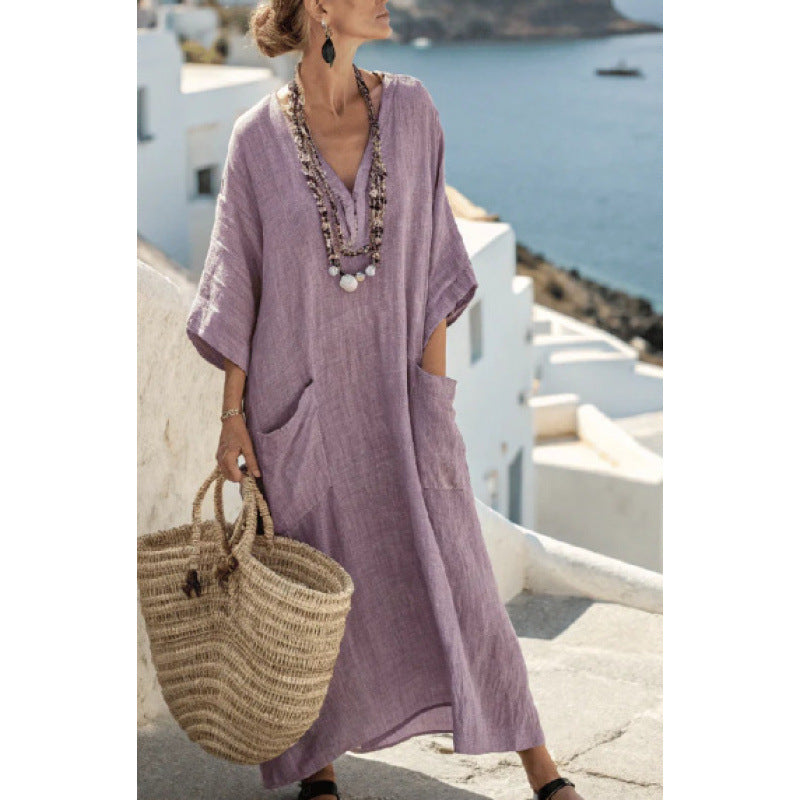 Women's V-Neck Linen-Blend Kaftan Dress