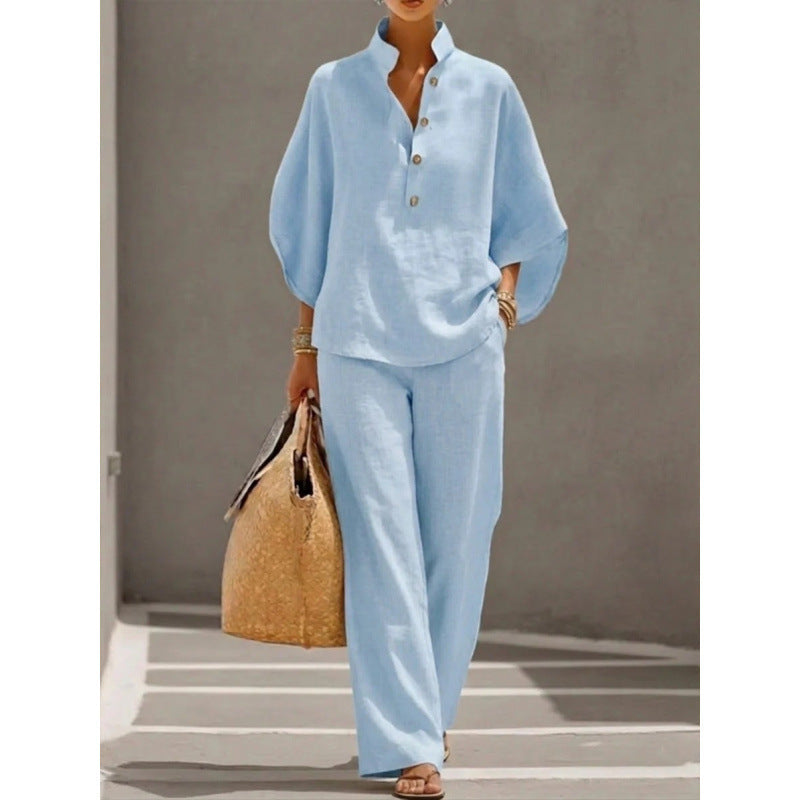 Stand-up collar polo shirt & wide-leg pants retro print two-piece set