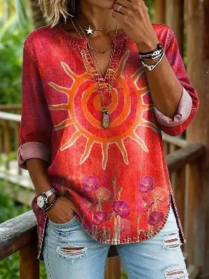 Bohemian Graphic Print Women Tunic Top Notch Collar Half Placket 3/4 Sleeve Pocket Casual Daily Blouse