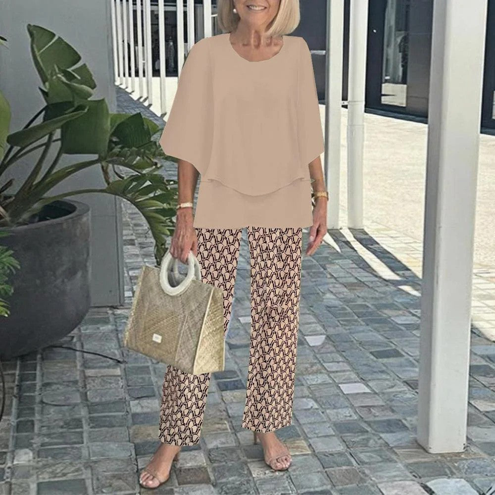 Women Round Neck Mid Sleeve Loose Top & Printed Straight Pants 2 Piece Co Ord Set