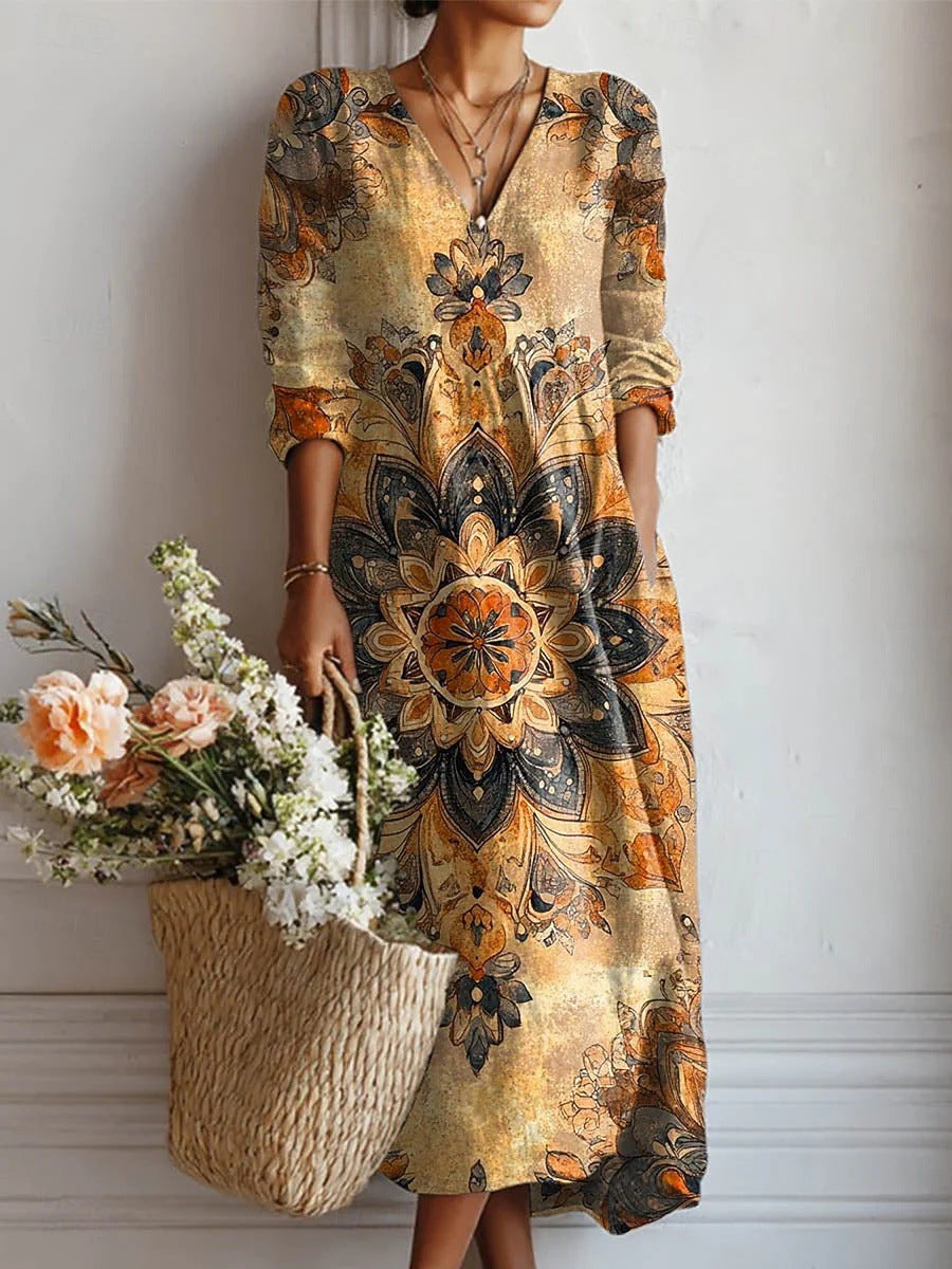 Women's Boho Floral Print Linen Maxi Dress