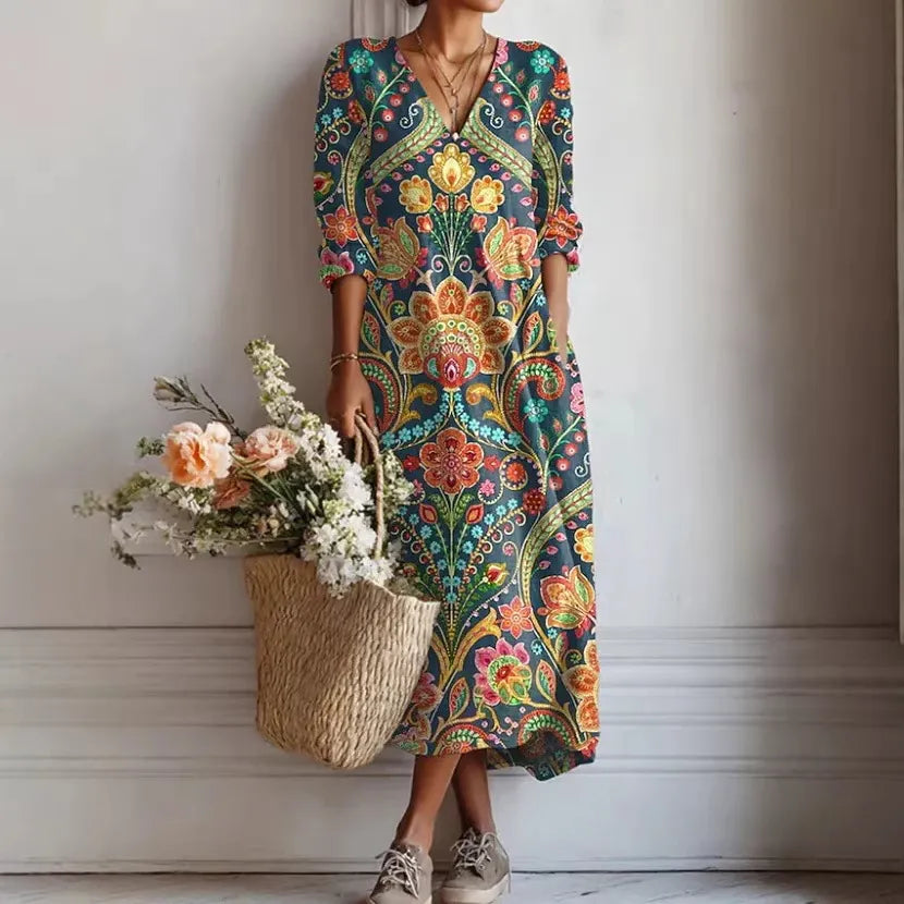 Women's Boho Floral Print Linen Maxi Dress