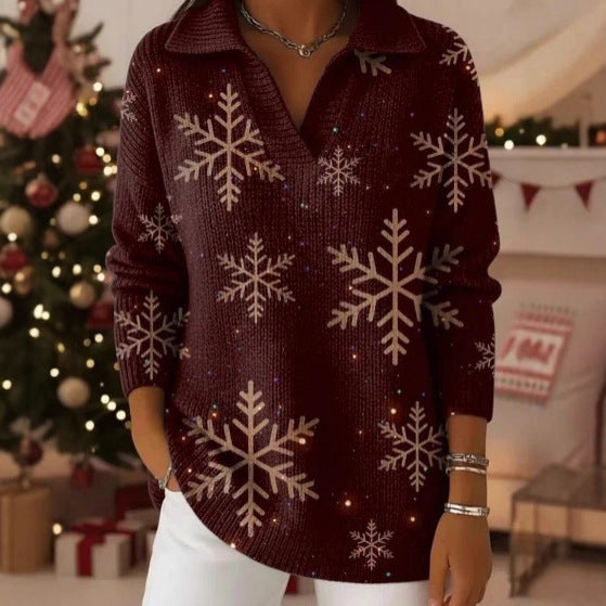 V‑Neck Polo Style Rib Knit Long Sleeve Sweater For Women