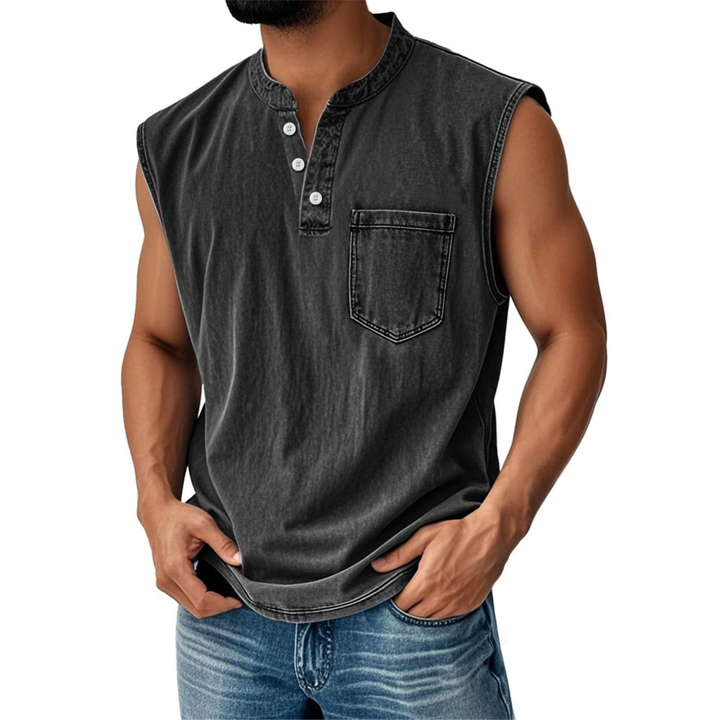 Men Stand Collar Henley Sleeveless Tank Top