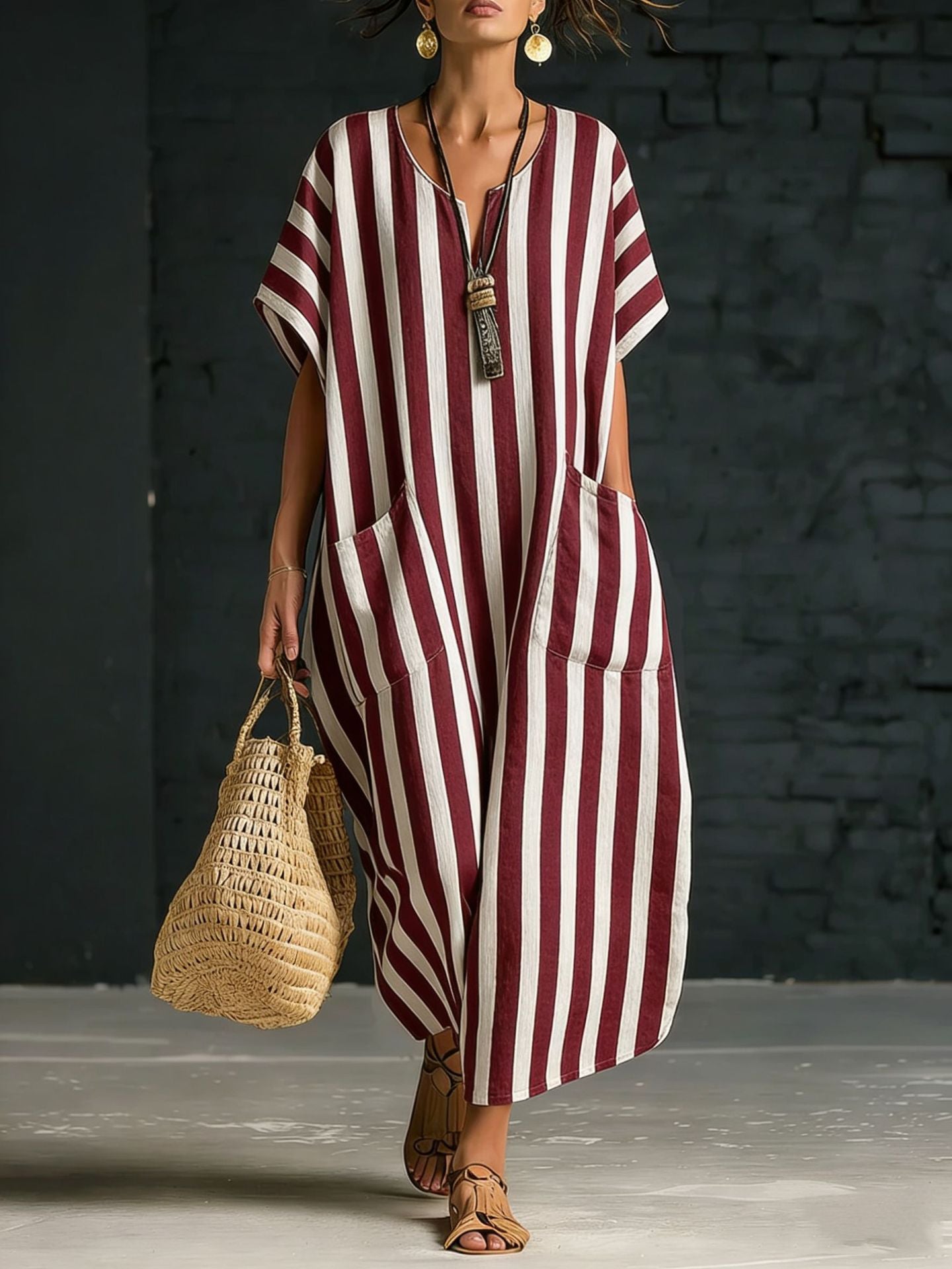 Women's V-Neck Striped Linen Dress