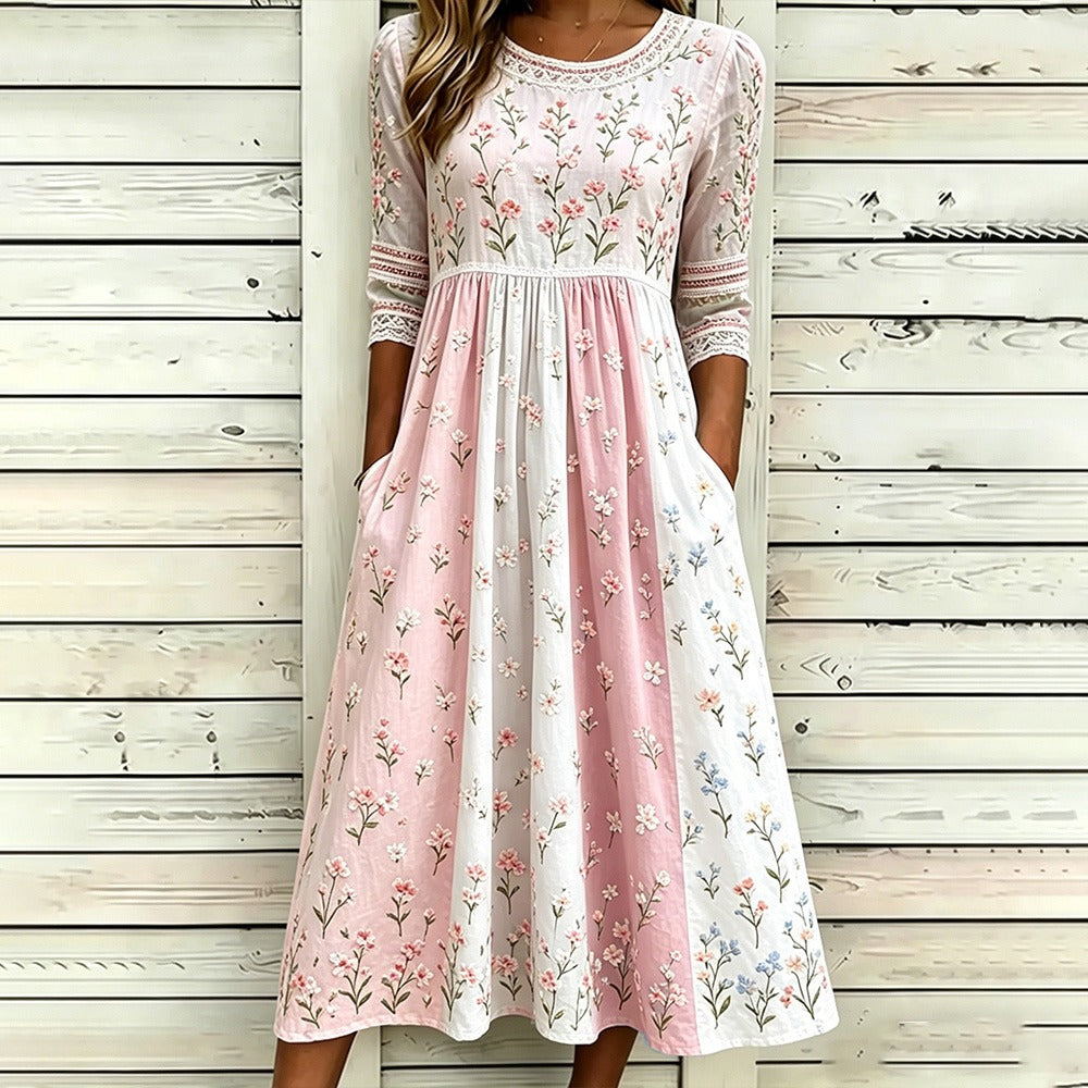 Loose-Fit Round-Neck Dress with Mid-Length Sleeves and Side Pockets