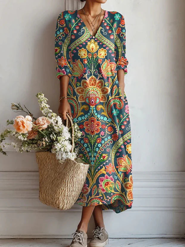 Women's Boho Floral Print Linen Maxi Dress