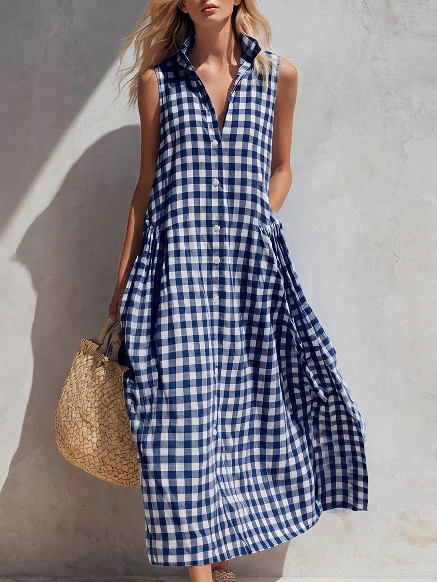 Minimalist Summer Plaid Sleeveless Shirt Dress Stand Collar Half Placket Pocket Flowy Vacation Midi Dress
