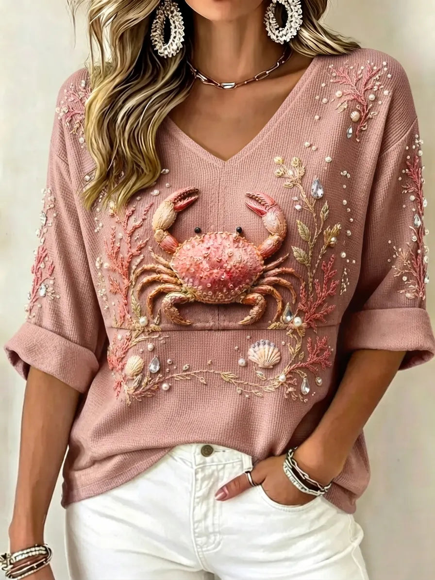 Women's Ocean Embellished V-Neck Knit Top – Relaxed Rolled Sleeve Style