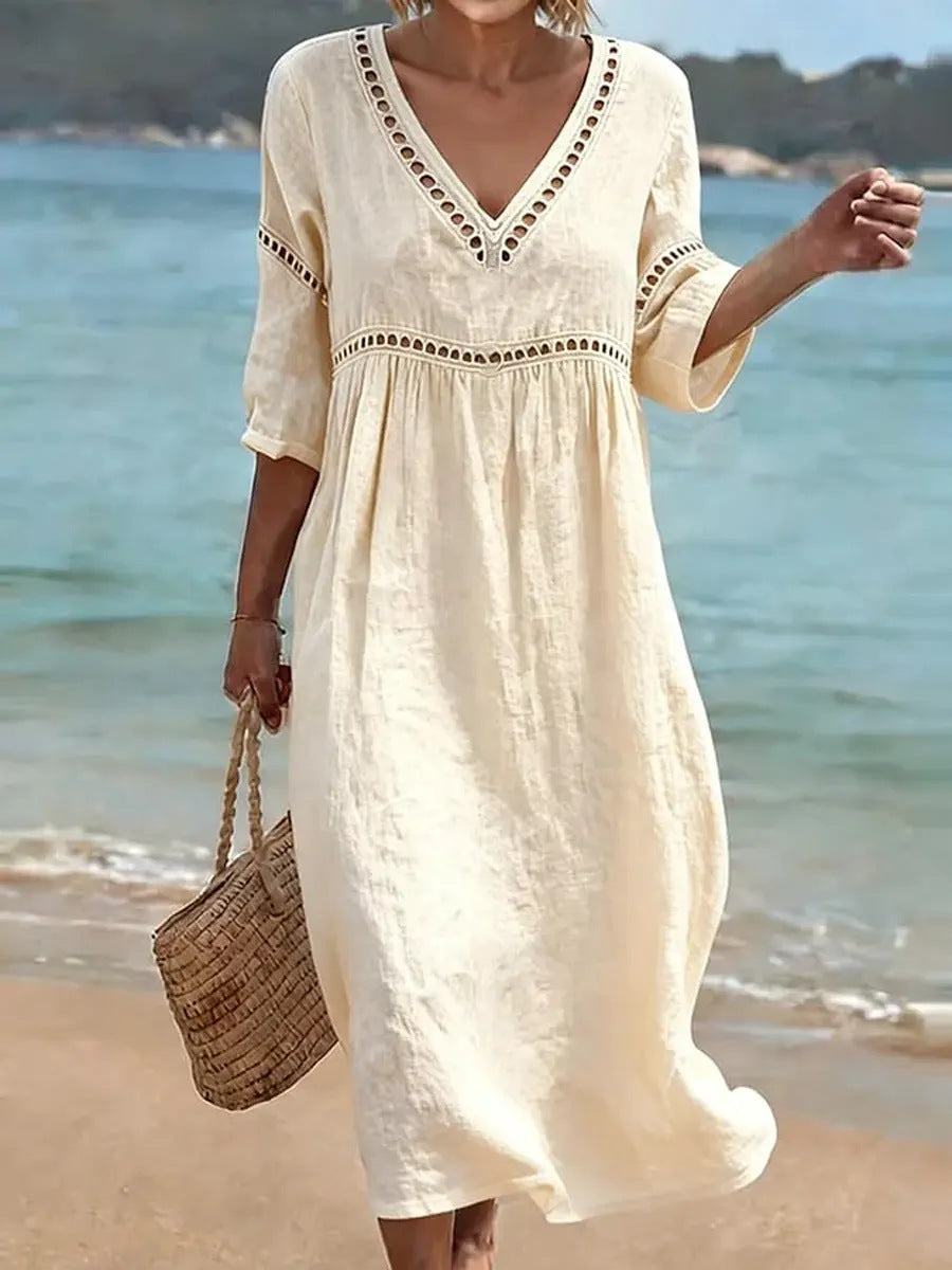 Elegant and casual V-neck solid color dress