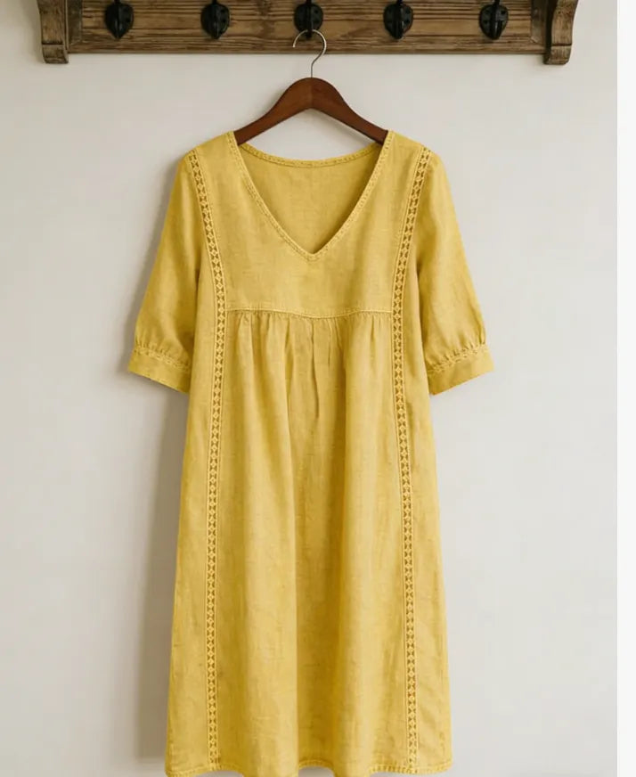 Women's Casual Loose-fitting Patchwork Lace Trim Linen And Cotton Dress