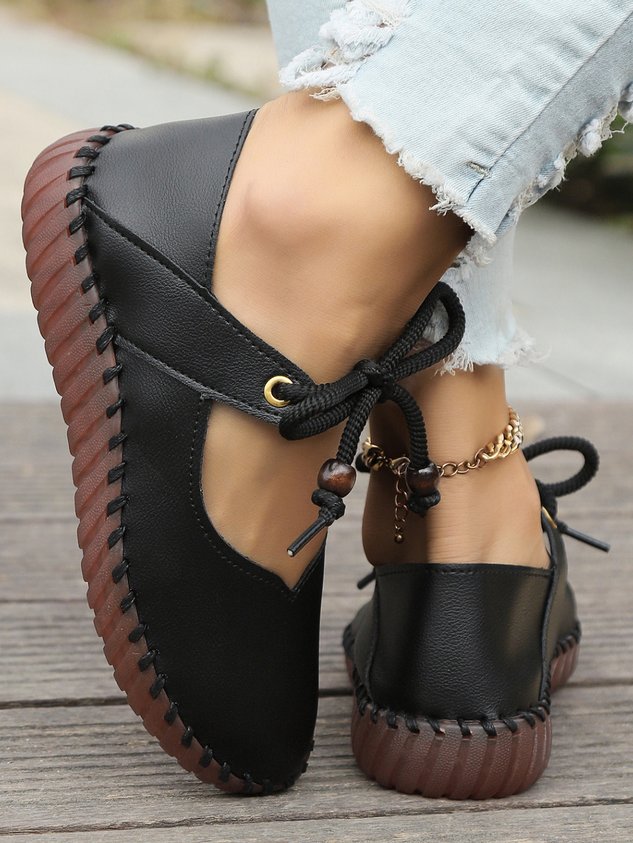 Vintage British Round Toe Women's PU Leather Shoes
