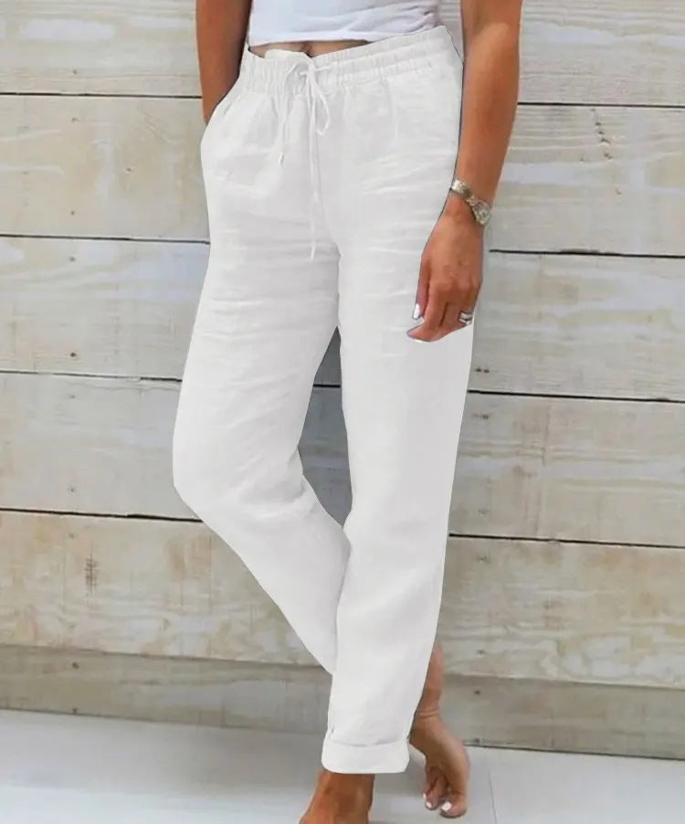 Elastic high-waisted solid color cotton and linen casual pants
