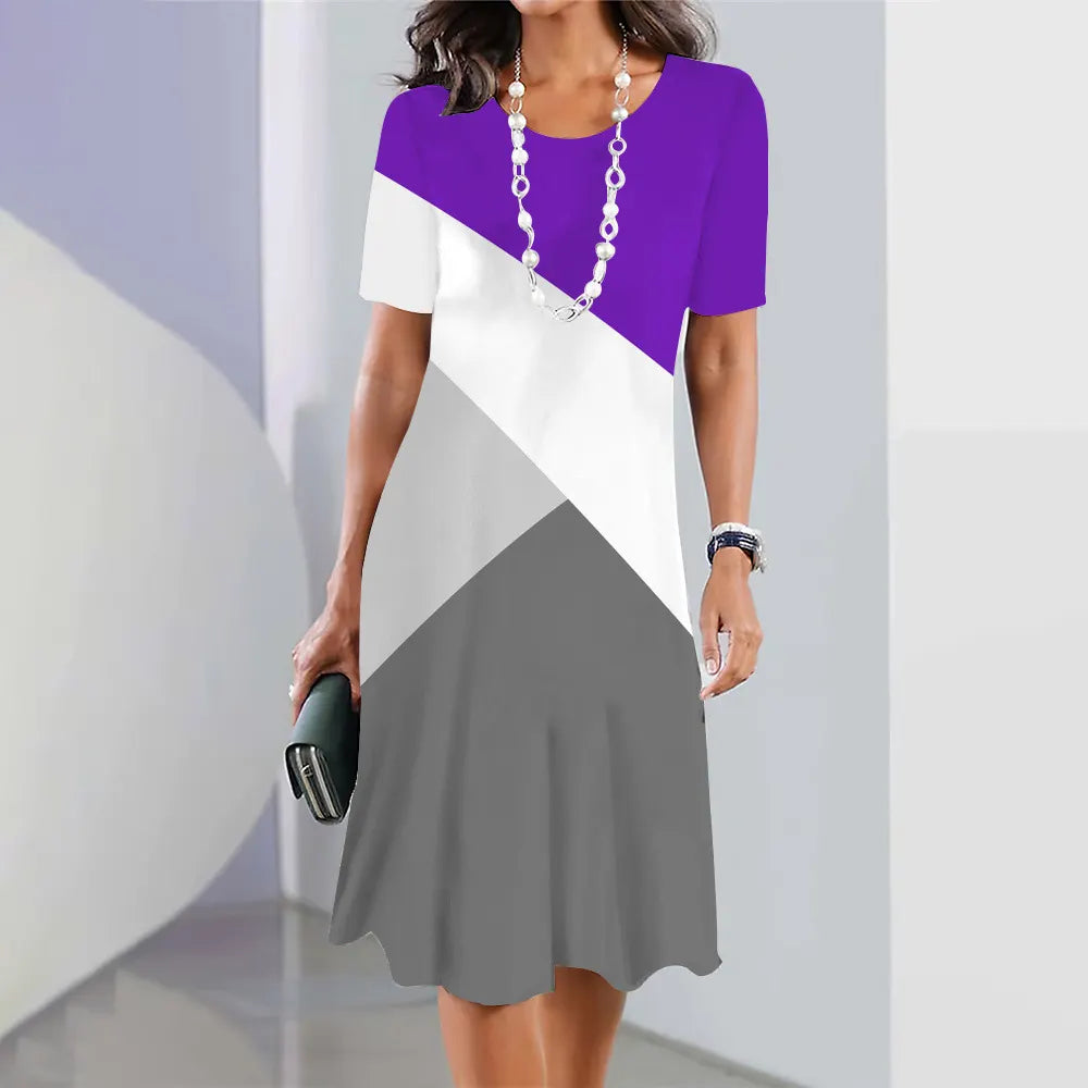 Women Geometric Color Block Short Sleeve Midi Dress