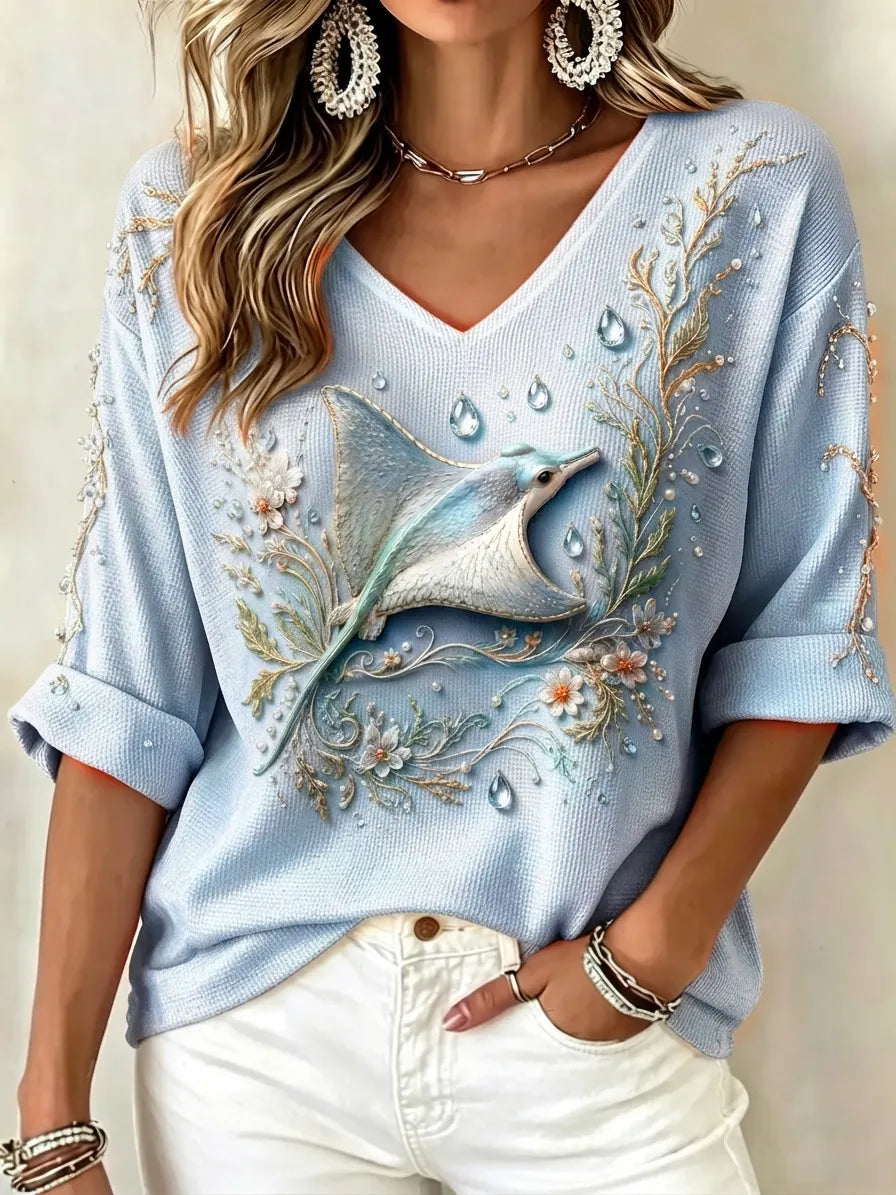 Women's Ocean Embellished V-Neck Knit Top – Relaxed Rolled Sleeve Style