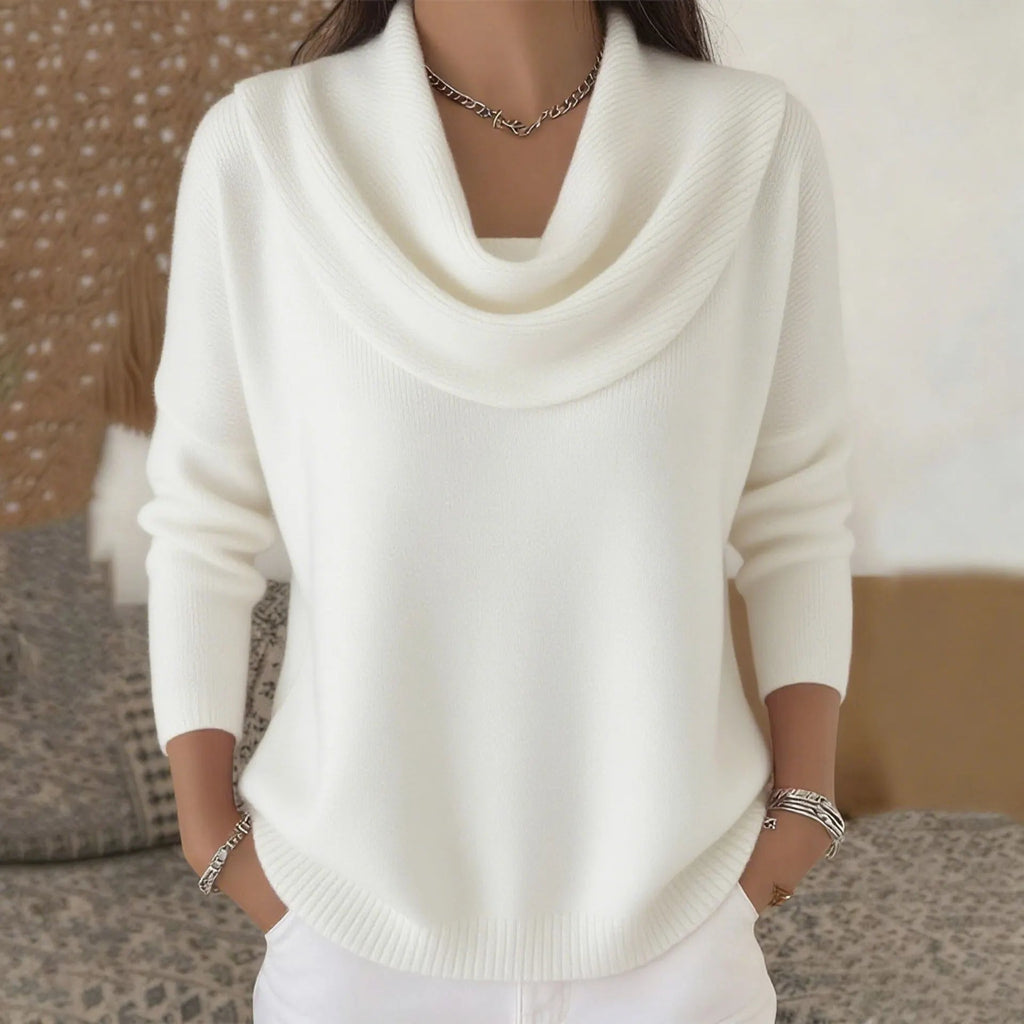 Women Cowl Collar Knit Sweater Solid Color Long Sleeve Pullover Casual Knit Top