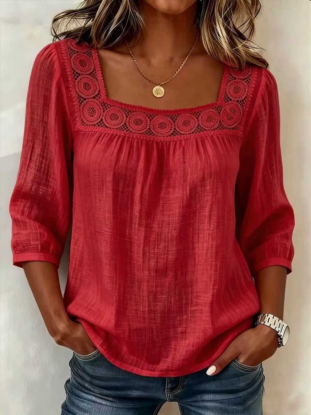 Linen Blend Square Neck Loose Elegant Blouse