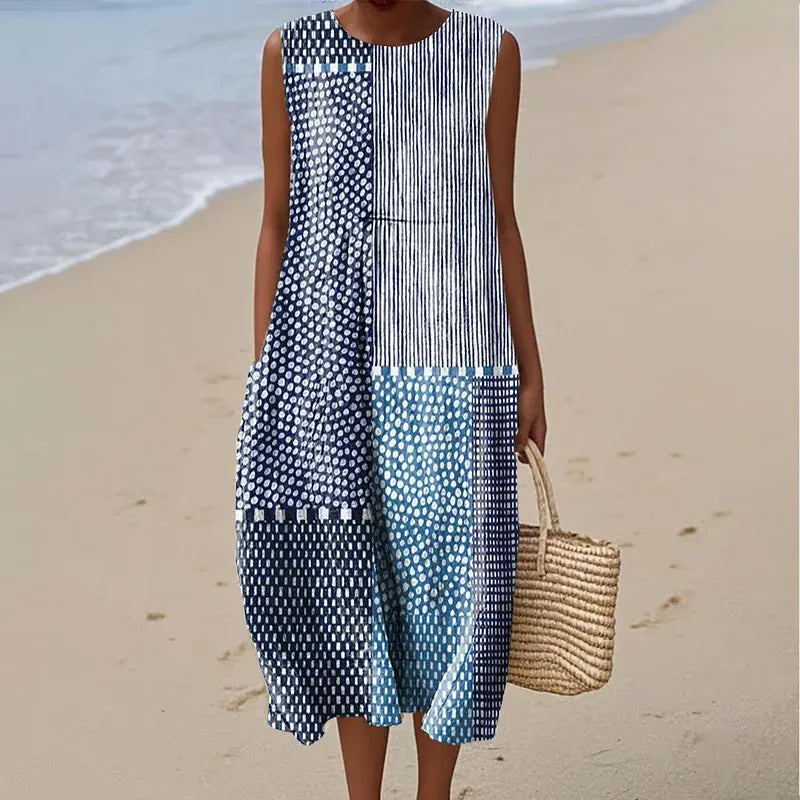 Cotton Linen Printed Midi Dress | Women's Sleeveless Beach Vacation Dress