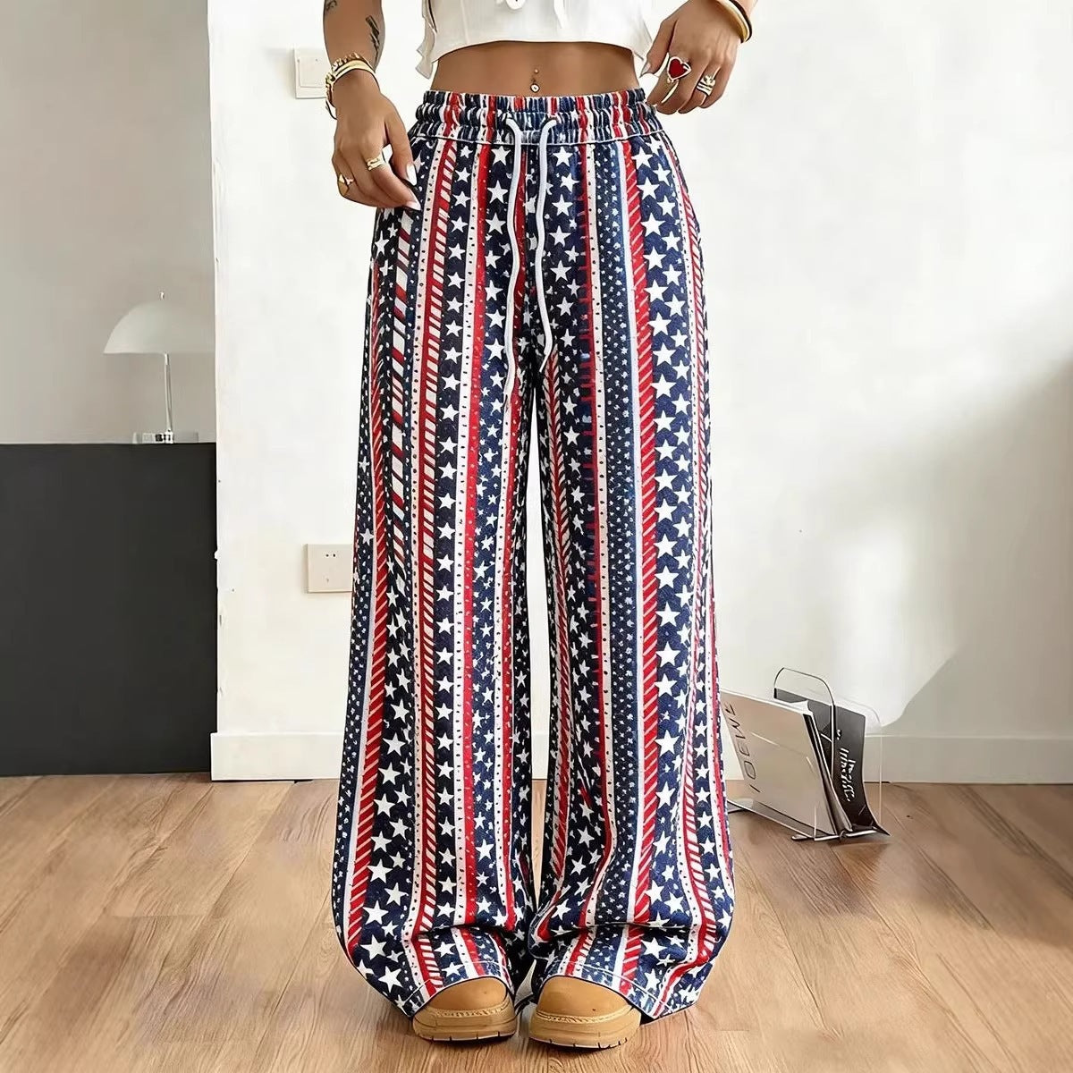 Women's American Flag Floral Print Wide Leg Pants
