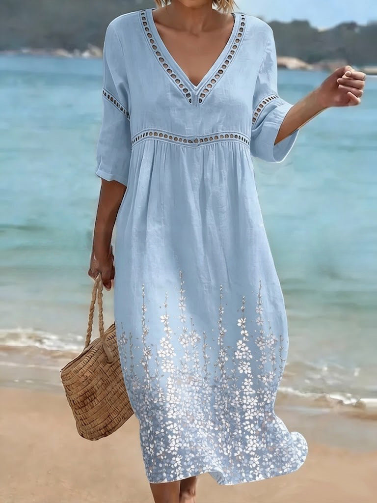 Women's V-Neck Floral & Print Midi Dress