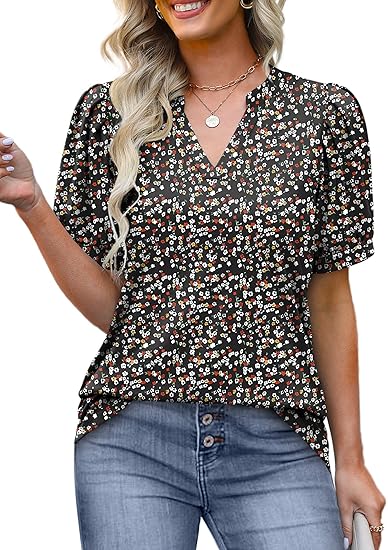 Limited time sale Women's V Neck Floral Print Vintage Shirt Fashion T-Shirt