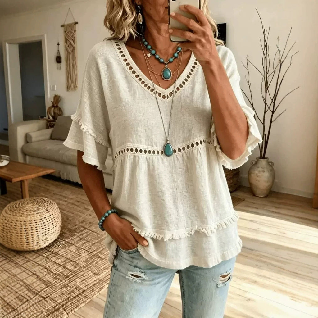 Women's V-Neck Eyelet Ruffle Trim Peplum Blouse