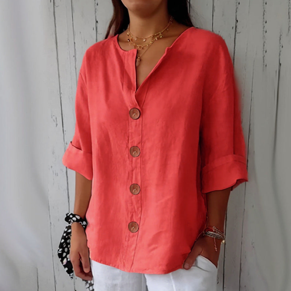 Loose Shirt Women's V-neck Cotton and Linen Button T-shirt Top Women