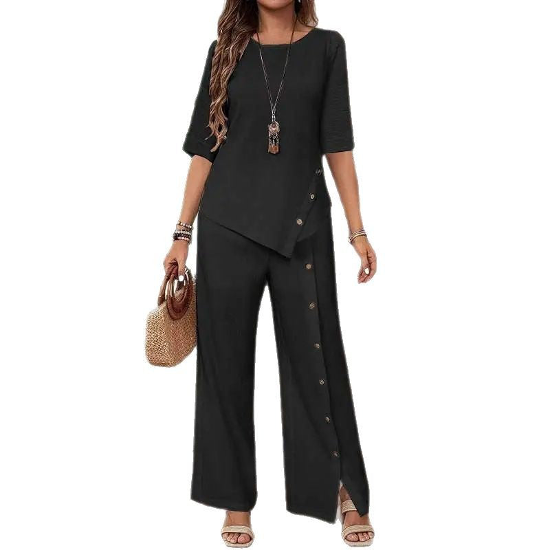 Women Irregular Hem Button Detail Top & Side Slit Wide Leg Pants 2 Piece Linen Look Set