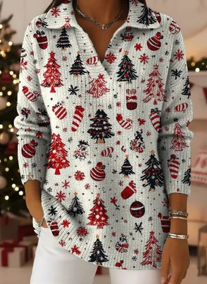 V‑Neck Polo Style Rib Knit Long Sleeve Sweater For Women