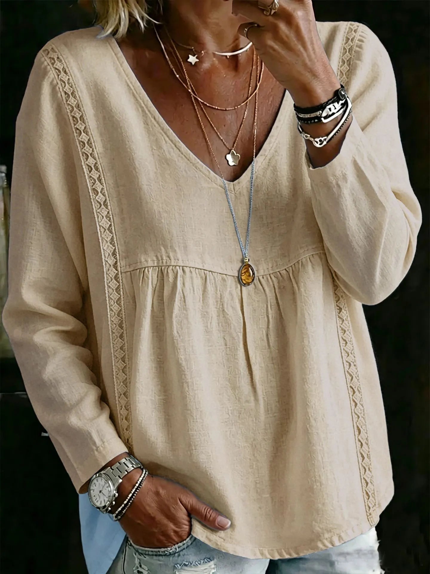 Minimalist Solid Color Crochet Edging Long Sleeve Shirt Deep V Neck Tiered Relaxed Vacation Blouse